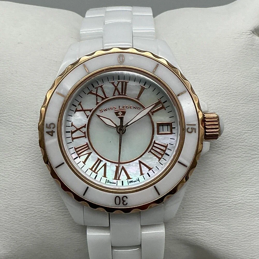 Swiss Legend Karamica Women Watch 39mm White Dial Ceramic Date New Battery 7.75